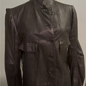 Ann Demeulemeester Black Leather Jacket Fitted Mandarin Collar